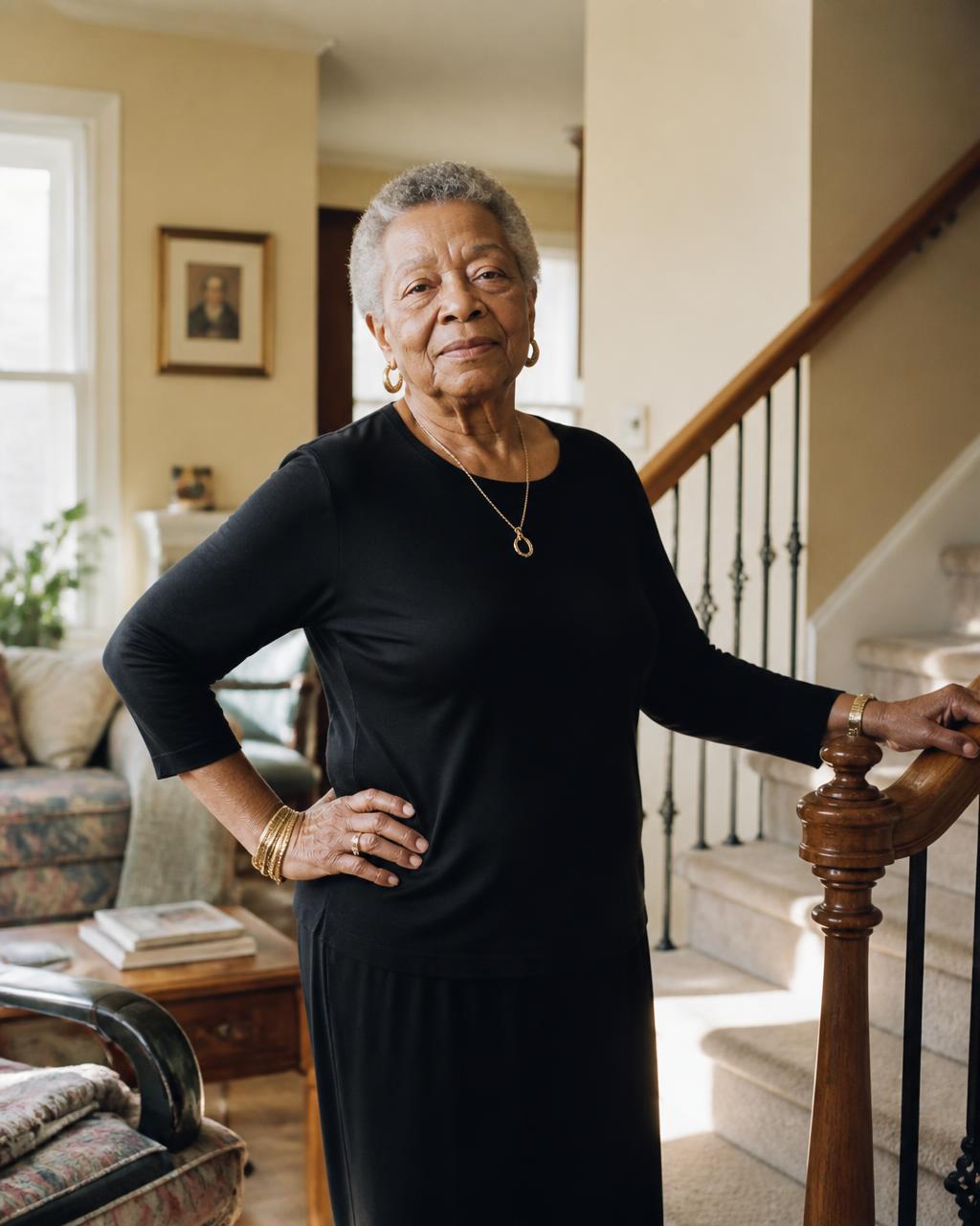 An older woman at home beside her staircase